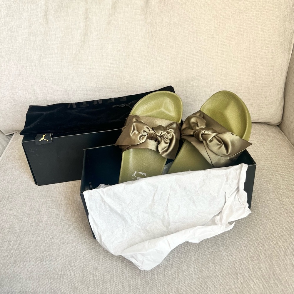 Fenty Puma Olive Green Satin Bow Slides size 5.5 (fits like a 6)